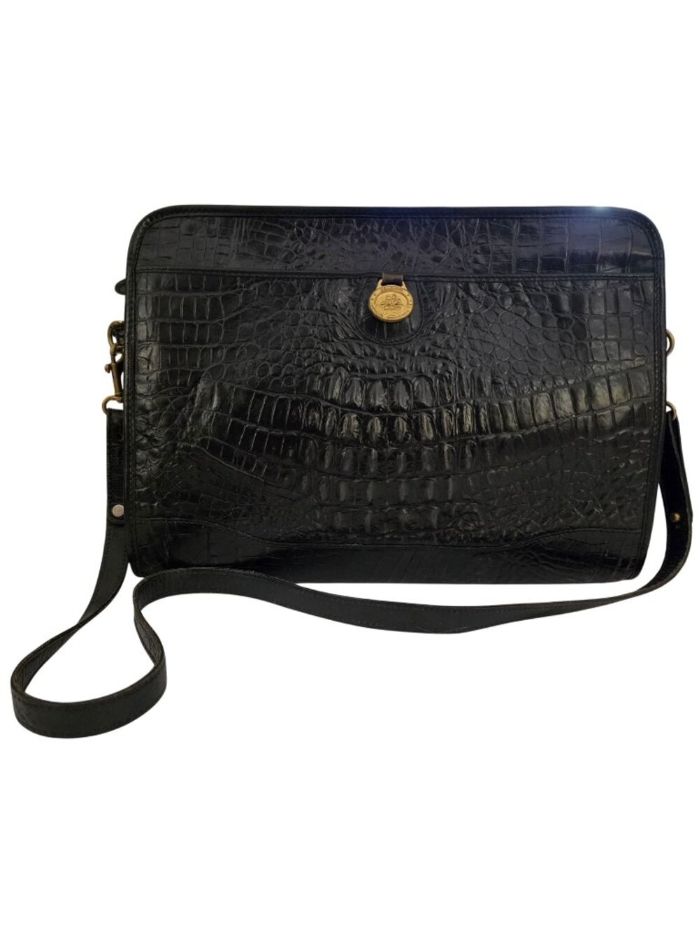 Vintage Brahmin Black Croc Embossed Leather Shoulder Bag Gold Medallion USA - Picture 1 of 9